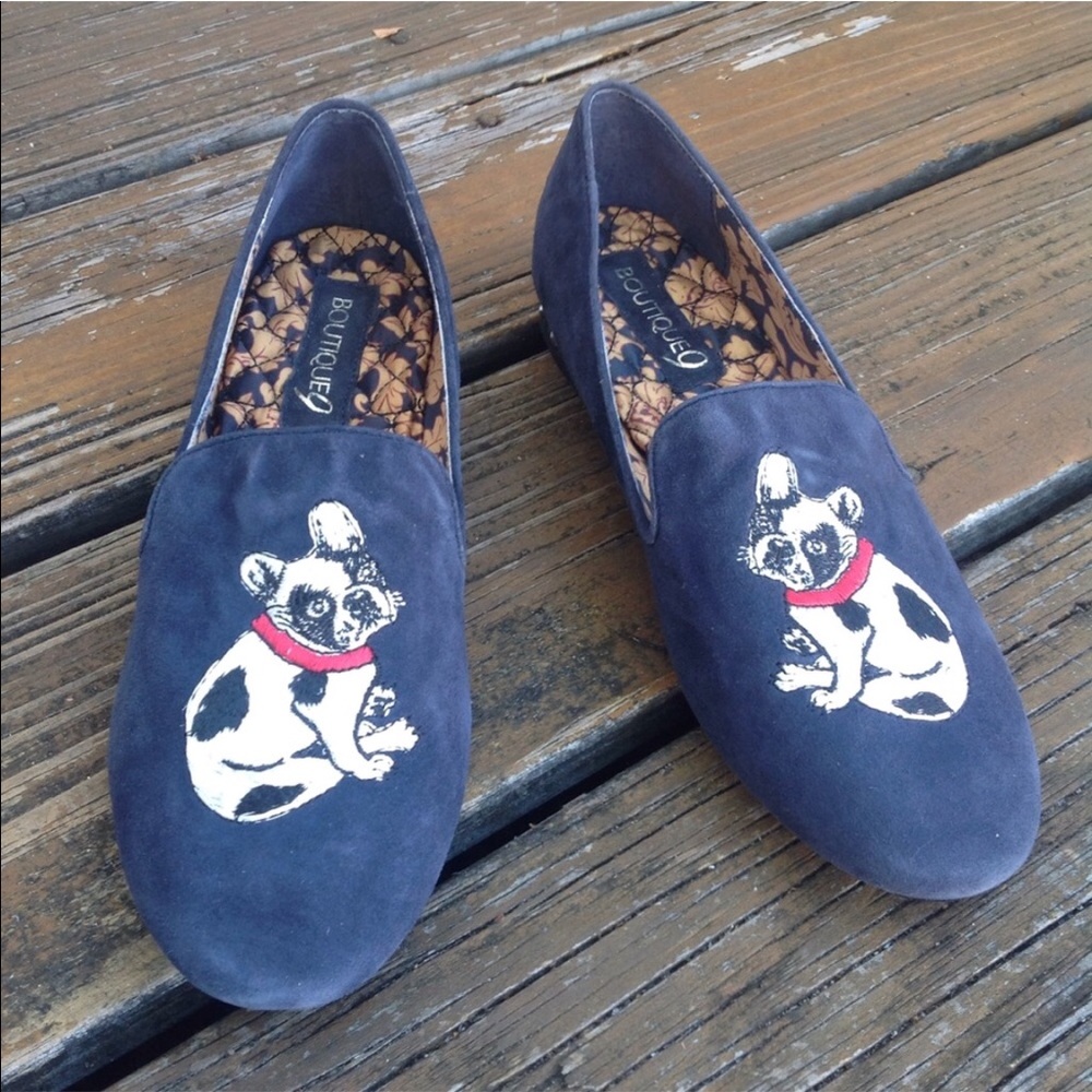 Boutique 9 Boston Terrier Blue Suede Slip On Flats Loafers Sz 8 Studded Heel